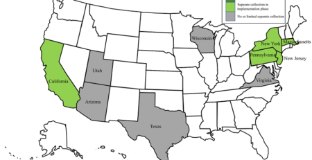 Karte der Bundesstaaten der USA mit den im Projekt USTurnerMarket untersuchten Staaten und dem Status der getrennten Sammlung in diesen (c) Ingenieurbüro Wellacher e.U.