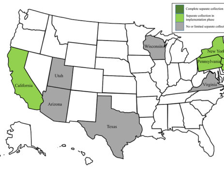 Karte der Bundesstaaten der USA mit den im Projekt USTurnerMarket untersuchten Staaten und dem Status der getrennten Sammlung in diesen (c) Ingenieurbüro Wellacher e.U.